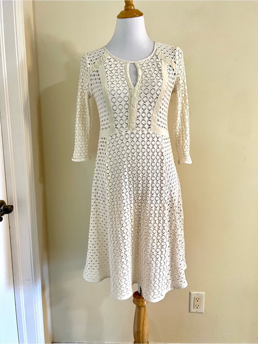 Nanette Lepore Cream Crochet Midi Dress with Keyhole